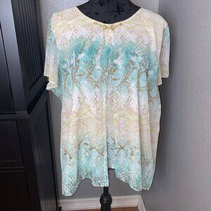 Alfred Dunner Blouse Womens XL Snake Print Beaded Neck Boho Resort Short Sleeve